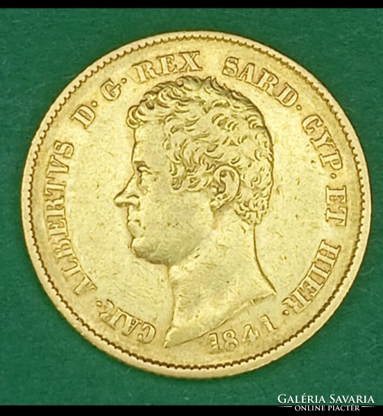 Szardíniai Királyság Károly Albert 6.5 g 900 finomságú arany 20 Líra, Szép tartású  1841