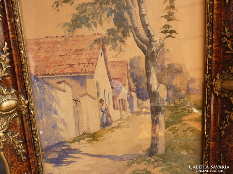 Régi festmény akvarell szép keretben Bereczk Károly (1877-1919) akvarell falusi utca részlet kb 1900