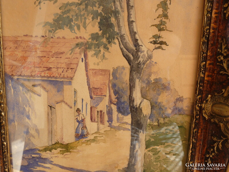Régi festmény akvarell szép keretben Bereczk Károly (1877-1919) akvarell falusi utca részlet kb 1900