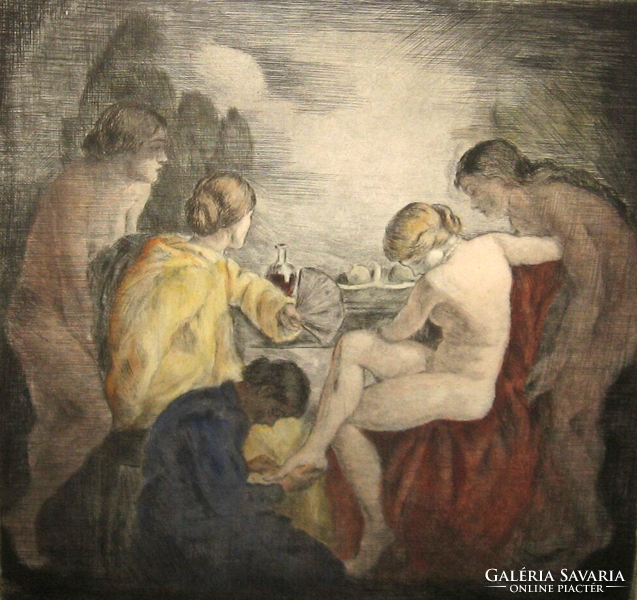TAVASZI AKCIÓ! GYÖNYÖRŰ IVÁNYI GRÜNWALD BÉLA  / 1867-1940 / : FÜRDŐ AKT ,  SZÍNEZETT RÉZKARC