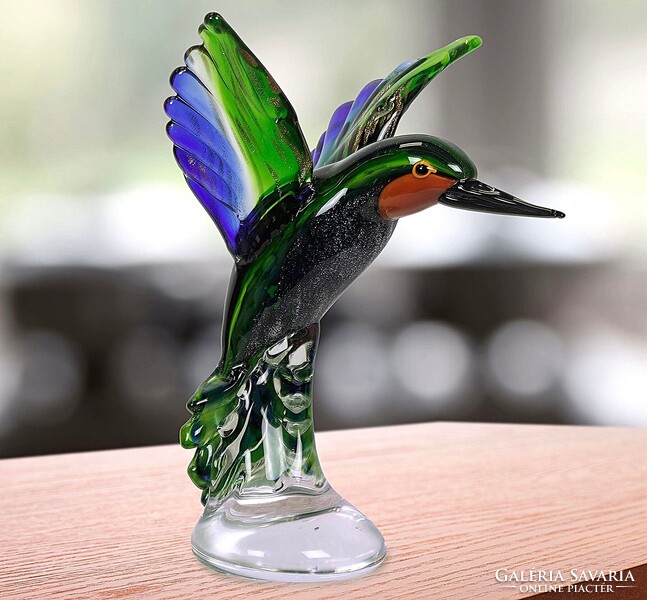Nagyméretű Murano stílusú üveg kolibri – lenyűgöző színek, 24,5 cm, 1,55 kg
