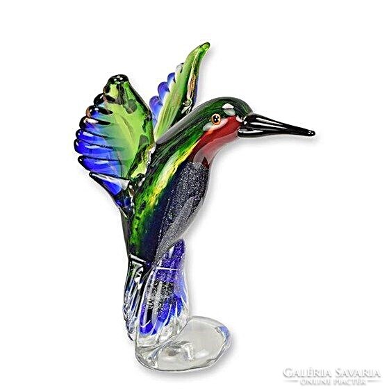 Nagyméretű Murano stílusú üveg kolibri – lenyűgöző színek, 24,5 cm, 1,55 kg