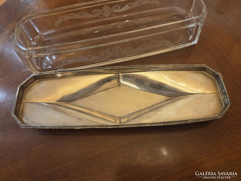 Ezüstözött Art Deco üveg bonbonier ékszertartó 22,5cm