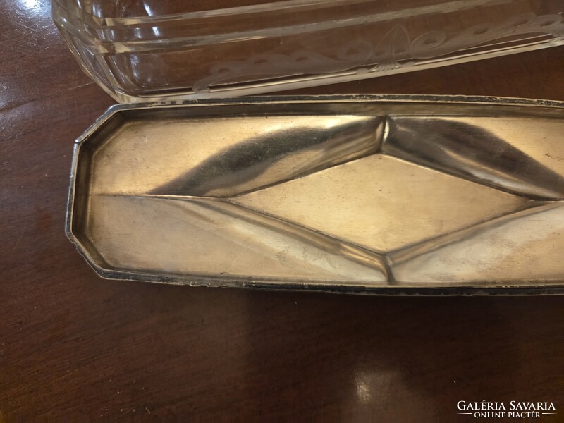 Ezüstözött Art Deco üveg bonbonier ékszertartó 22,5cm
