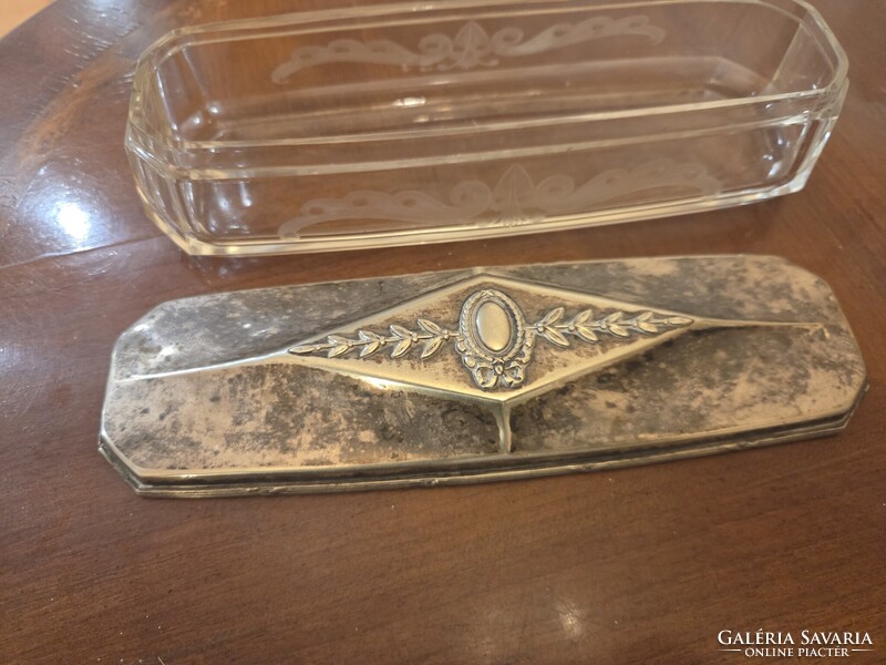Ezüstözött Art Deco üveg bonbonier ékszertartó 22,5cm