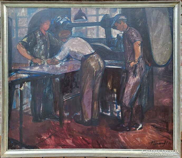 127x106cm! Mazsaroff Miklós (1929 - 1997) LemezvágóK Szocreál !! Eredeti Garanciával!