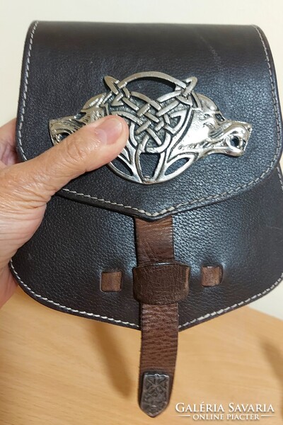 GENUINE LEATHER BEAUTIFUL POUCH , SHOULDER BAG , BELT BAG WITH WOLF SYMBOL
