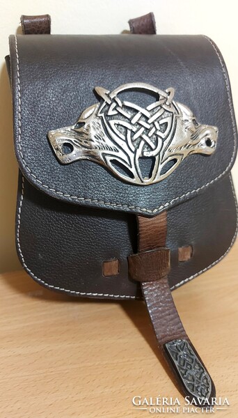 GENUINE LEATHER BEAUTIFUL POUCH , SHOULDER BAG , BELT BAG WITH WOLF SYMBOL