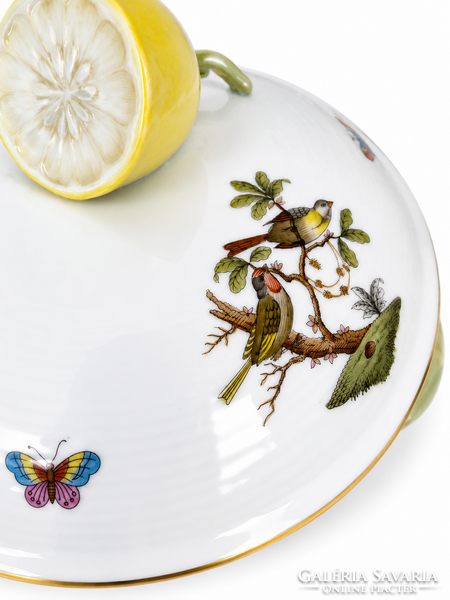 Herendi kézzel festett fedeles csontostál / porcelán tál citromfogóval – Rothschild madaras dekor