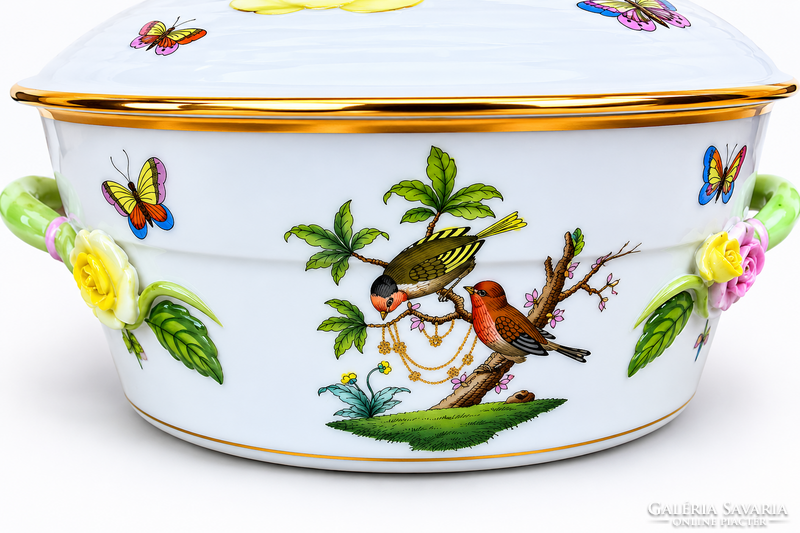 Herendi kézzel festett fedeles csontostál / porcelán tál citromfogóval – Rothschild madaras dekor