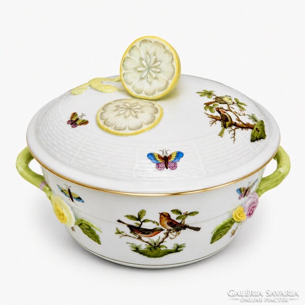 Herendi kézzel festett fedeles csontostál / porcelán tál citromfogóval – Rothschild madaras dekor