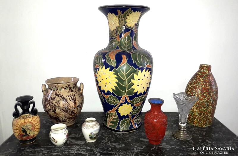 10 db. kerámia, porcelán, ezüst + kristály-üveg / népi, görög, kínai, Zsolnay, Aquincum,Tófej,,,