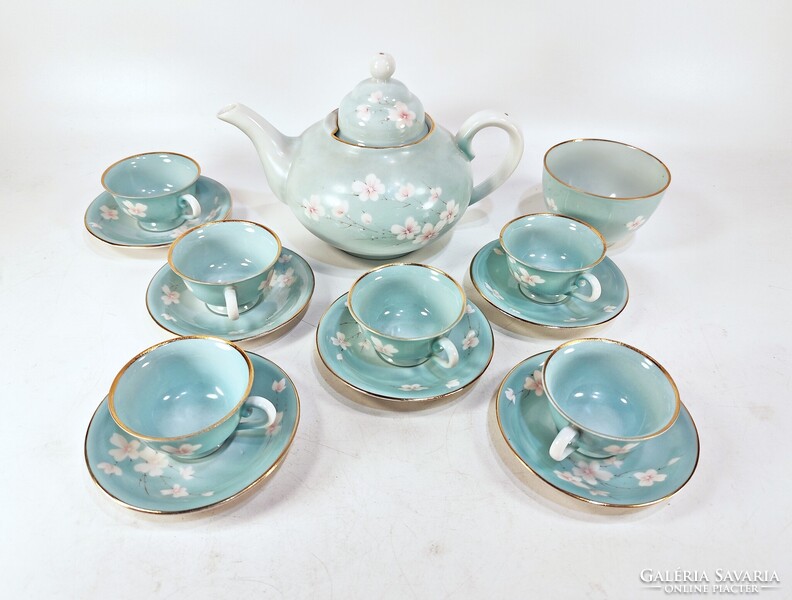 BAKOS ÉVA JELZÉSSEL, KÉZZEL FESTETT PORCELÁN TEÁS KÉSZLET HERENDI CSÉSZÉKKEL, HIBÁTLAN (A054)