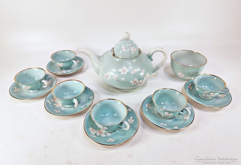 BAKOS ÉVA JELZÉSSEL, KÉZZEL FESTETT PORCELÁN TEÁS KÉSZLET HERENDI CSÉSZÉKKEL, HIBÁTLAN (A054)
