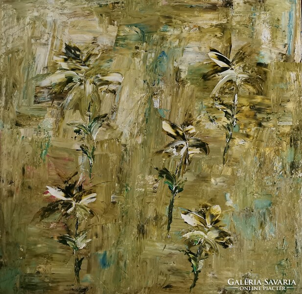 Baján Ildikó festmény 100 x 100 cm. Érzések és kérdések.