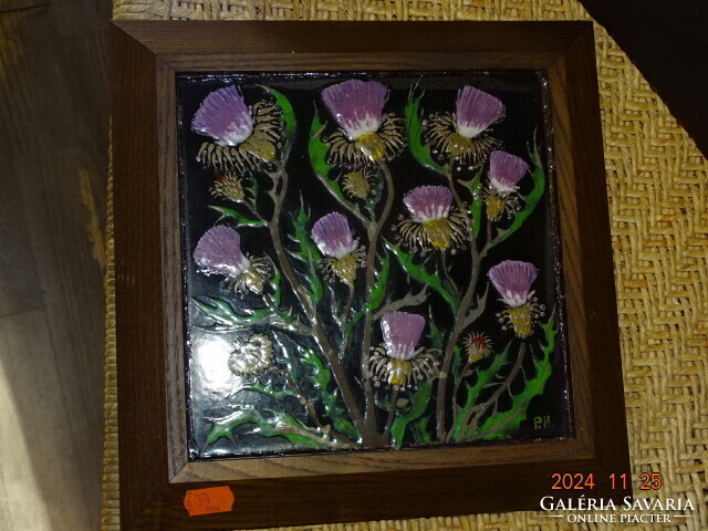 PRÁCSERNÉ HORVÁTH ÉVA : TŰZZOMÁNC FALIKÉP " LILA BOGÁNCS" 20x20 CM !!!