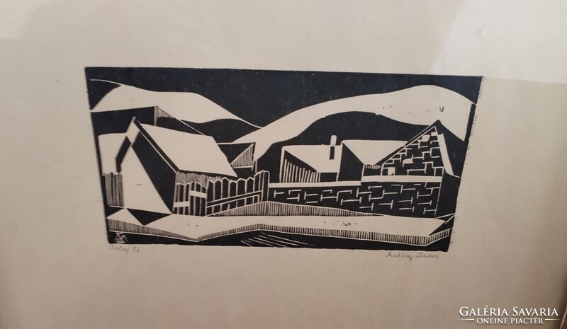 Ritka szignózott Makray Zsuzsa linómetszet Tokaj 1973 - 37x30 cm kerettel