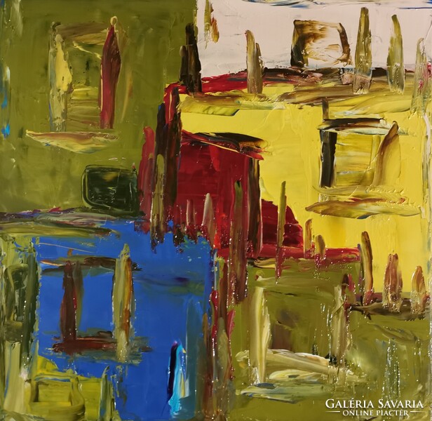 Baján Ildikó festmény 50 x 50 cm. Találkozások.