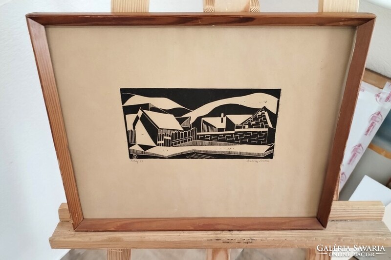 Ritka szignózott Makray Zsuzsa linómetszet Tokaj 1973 - 37x30 cm kerettel