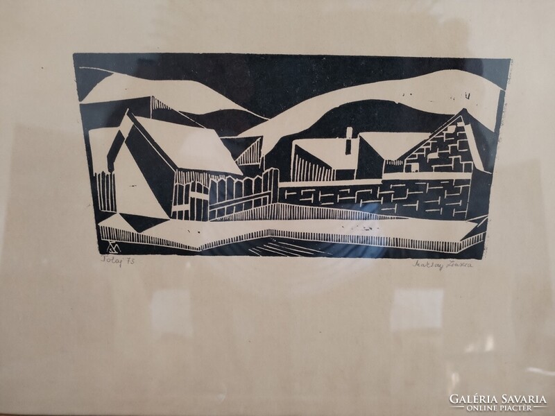 Ritka szignózott Makray Zsuzsa linómetszet Tokaj 1973 - 37x30 cm kerettel