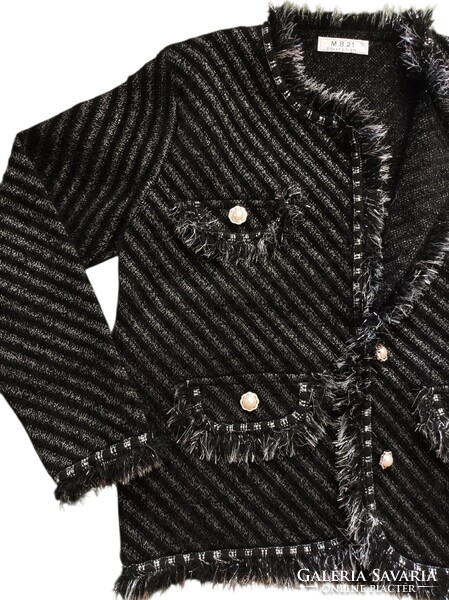 TU M. B. 21 collection Chanel tweed blézer jellegű fekete-ezüst rugalmas 42-44-es kis kabát
