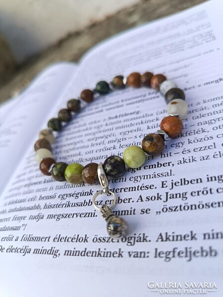 OPáL KaNyoN ,férfi nemes opál ásvány karkötő – Zöld és dendrites opál válogatás, dollár-charmmal