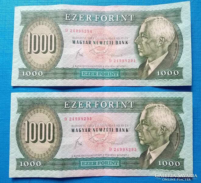 2 db 1000 Forintos 1983 november  D , SORSZÁMKÖVETŐ  aUNC