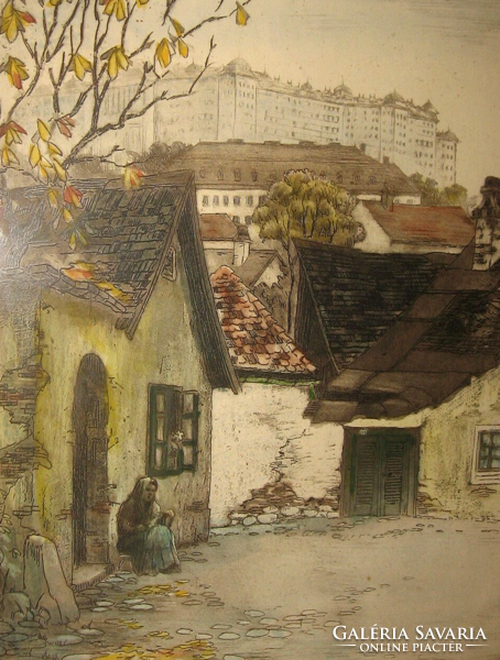 TABÁN A BUDAI VÁRRAL CSODÁS PAULOVITS PÁL  (1892-1975) SZÍNEZETT RÉZKARC
