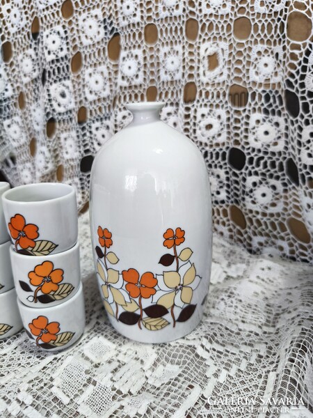 Antik Hollóházi porcelán likőrös készlet – Faragó Milada tervezte retro Flóra szett