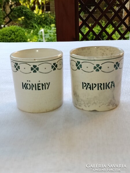 Antik hollóházi keménycserép FŰSZERTARTÓK (cukor, kömény, paprika) zöld színű lóhere mintával
