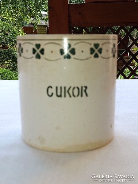 Antik hollóházi keménycserép FŰSZERTARTÓK (cukor, kömény, paprika) zöld színű lóhere mintával