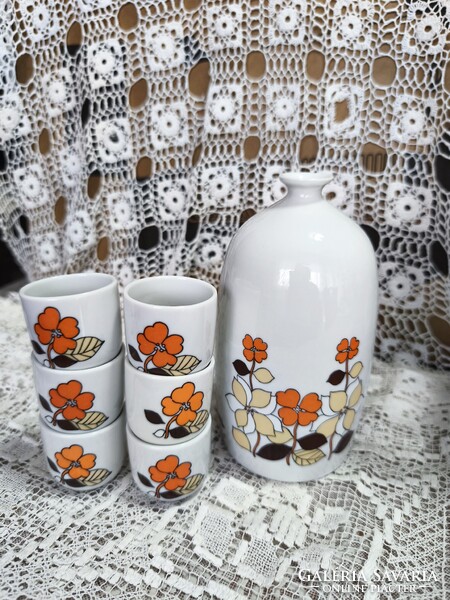 Antik Hollóházi porcelán likőrös készlet – Faragó Milada tervezte retro Flóra szett