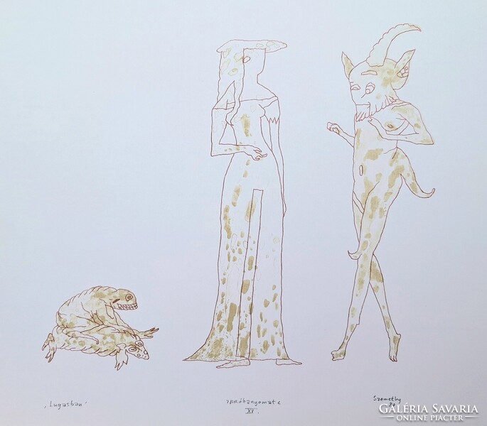 Szemethy Imre: Lugasban - különleges modern grafika, szürrealizmus, 1980, jelenet, emberek