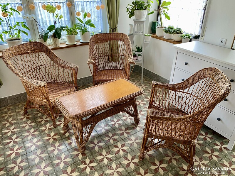 Vintage Vessző Nád Fonott Rattan Ülőgarnitúra Kerti Bútor Szett Fotel Karosszék Dohányzóasztal