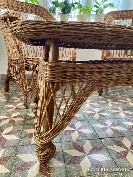 Vintage Vessző Nád Fonott Rattan Ülőgarnitúra Kerti Bútor Szett Fotel Karosszék Dohányzóasztal