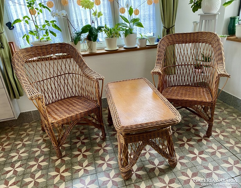 Vintage Vessző Nád Fonott Rattan Ülőgarnitúra Kerti Bútor Szett Fotel Karosszék Dohányzóasztal