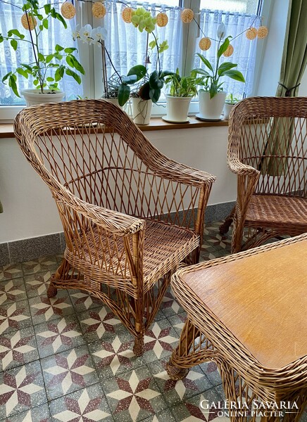 Vintage Vessző Nád Fonott Rattan Ülőgarnitúra Kerti Bútor Szett Fotel Karosszék Dohányzóasztal