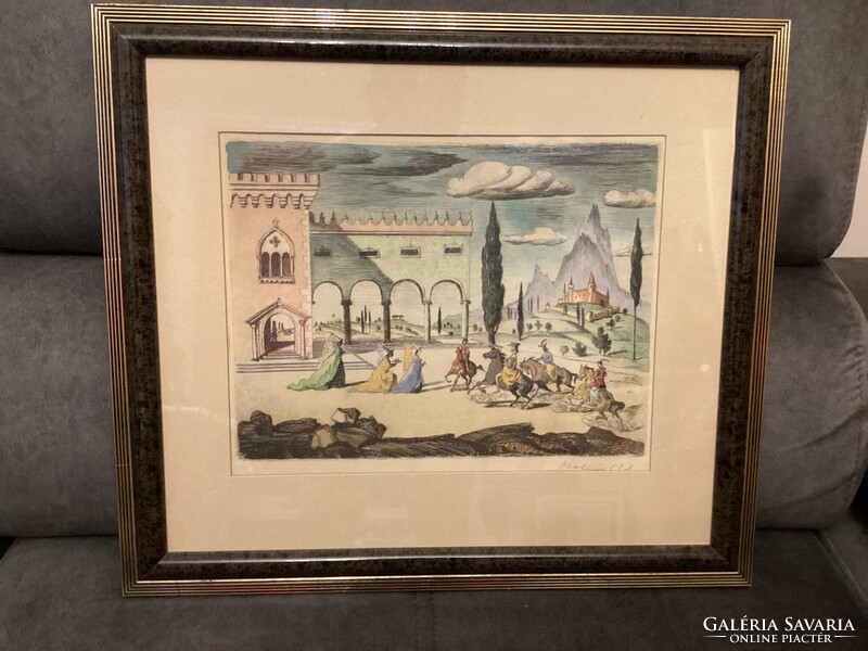 Molnár C. Pál (1894 - 1981): Középkori jelenet, rézkarc, akvarellel színezve