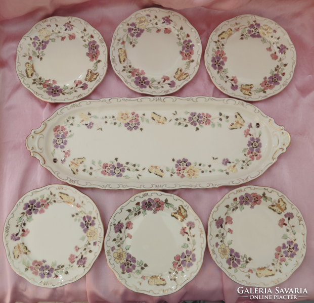 HIBÁTLAN! Zsolnay porcelán pillangó mintás 6 + 1 süteményes vagy szendvicses készlet