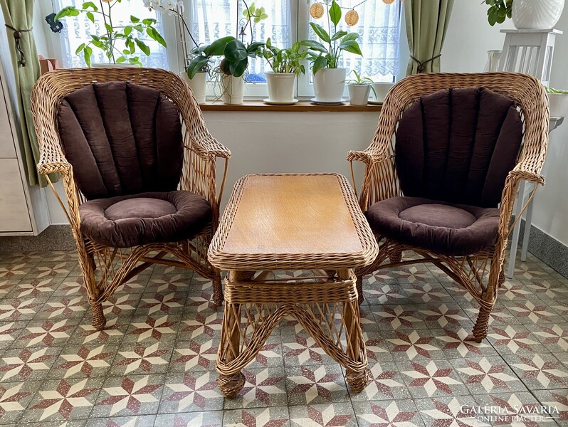 Vintage Vessző Nád Fonott Rattan Ülőgarnitúra Kerti Bútor Szett Fotel Karosszék Dohányzóasztal