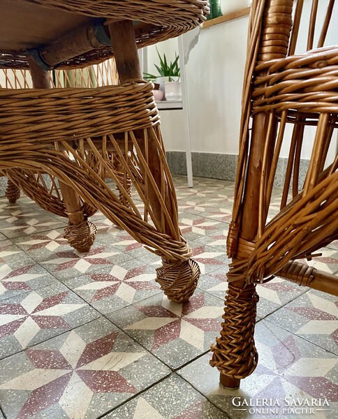 Vintage Vessző Nád Fonott Rattan Ülőgarnitúra Kerti Bútor Szett Fotel Karosszék Dohányzóasztal