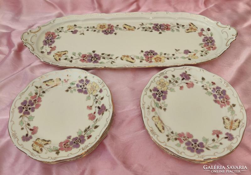 HIBÁTLAN! Zsolnay porcelán pillangó mintás 6 + 1 süteményes vagy szendvicses készlet