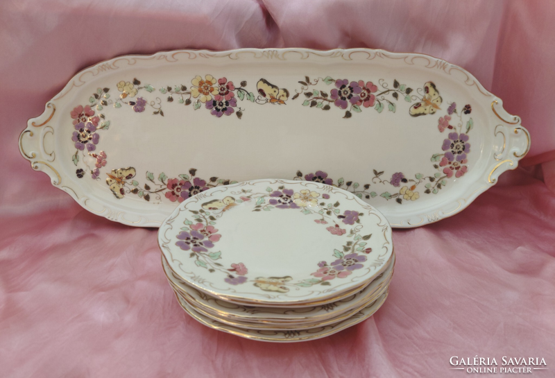 HIBÁTLAN! Zsolnay porcelán pillangó mintás 6 + 1 süteményes vagy szendvicses készlet