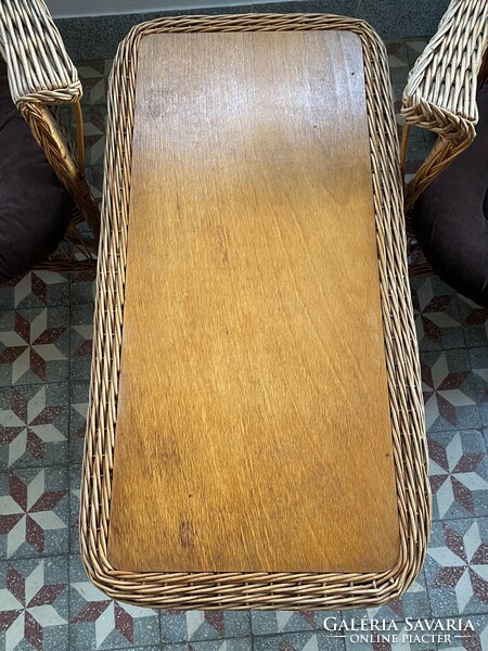 Vintage Vessző Nád Fonott Rattan Ülőgarnitúra Kerti Bútor Szett Fotel Karosszék Dohányzóasztal