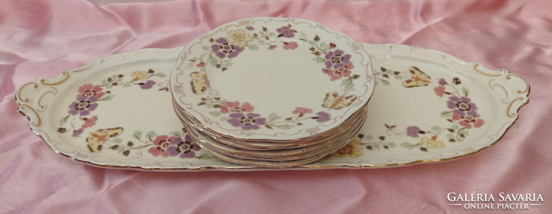 HIBÁTLAN! Zsolnay porcelán pillangó mintás 6 + 1 süteményes vagy szendvicses készlet