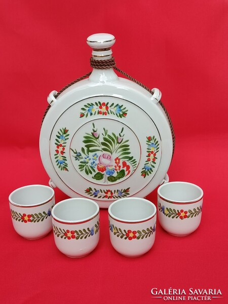 Retro hollóházi kézzel festett porcelán KULACS 4 darab POHÁRRAL