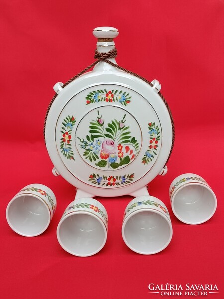 Retro hollóházi kézzel festett porcelán KULACS 4 darab POHÁRRAL