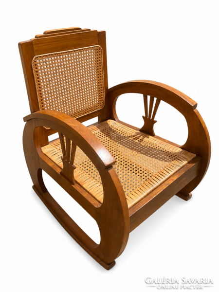 Antik Art Deco gyarmati fotelpár – tömör tikfa, kézzel font francia rattan