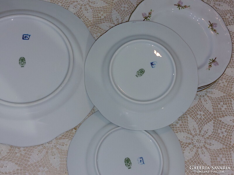 Zsolnay lila barackvirágos süteményes porcelán készlet, arany széllel