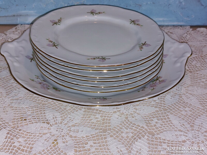 Zsolnay lila barackvirágos süteményes porcelán készlet, arany széllel